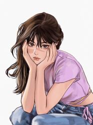 Rule 34 | 1girl, brown eyes, brown hair, crop top, cropped shirt, denim, fingernails, hair between eyes, hands on own cheeks, hands on own face, highres, imeko san, iori utahime, jeans, jujutsu kaisen, long hair, own hands together, pants, pink hair, scar, scar on face, simple background, solo, squatting, white background