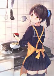 Rule 34 | 1girl, apron, black hair, black sailor collar, black serafuku, black shirt, black skirt, black thighhighs, blouse, blush, bow, chopsticks, closed mouth, cooking, cowboy shot, from behind, hair ornament, hair scrunchie, highres, holding, holding bow (ornament), indoors, kitchen, ladle, long sleeves, looking at viewer, looking back, miniskirt, miso (misomiso 154), original, pleated skirt, polka dot, pot, sailor collar, school uniform, scrunchie, serafuku, shirt, short hair, skirt, smile, solo, steam, stove, swept bangs, thighhighs, tile wall, tiles, whisk, yellow apron, yellow bow, yellow eyes, zettai ryouiki
