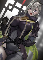 Rule 34 | 1girl, armor, armored boots, asymmetrical clothes, bodysuit, boots, breastplate, breasts, covered navel, fate/grand order, fate (series), gauntlets, green hair, grey bodysuit, grey eyes, hair between eyes, hair ornament, hairpin, high collar, highleg, huyan zhuo (fate), huyan zhuo (second ascension) (fate), jikihatiman, large breasts, long hair, looking at viewer, multicolored hair, open mouth, pauldrons, shoulder armor, single pantsleg, solo, streaked hair, thighs, very long hair, white hair