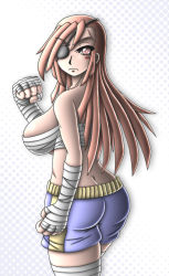 Rule 34 | 1girl, ass, blush, breasts, brown hair, butt crack, capcom, clenched hands, eyepatch, gender request, genderswap, hand wraps, highres, huge breasts, leg wrap, long hair, red eyes, sagat, sarashi, scar, shorts, solo, street fighter, takilmar, wrist wrap