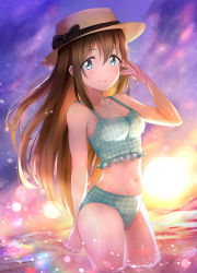 Rule 34 | 1girl, absurdres, aqua eyes, aqua one-piece swimsuit, artist name, artist request, bare legs, bare shoulders, blue eyes, blue sky, blush, bow, breasts, brown hair, brown hat, checkered clothes, checkered swimsuit, cleavage, cloud, collarbone, female focus, floating hair, hair between eyes, hat, hat bow, highres, long hair, looking at viewer, love live!, love live! nijigasaki high school idol club, night, night sky, ocean, one-piece swimsuit, osaka shizuku, outdoors, parted lips, playing with own hair, sky, small breasts, smile, solo, sunset, swimsuit, wavy hair, wet, wet clothes, wet swimsuit
