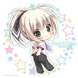 Rule 34 | 1girl, black pants, black ribbon, blush, character name, character request, chibi, closed mouth, commentary request, full body, green eyes, hair between eyes, hair ribbon, happy birthday, light brown hair, looking at viewer, looking to the side, magical charming!, necktie, pants, ponytail, purple necktie, ribbon, ryuuka sane, shirt, short sleeves, simple background, smile, solo, star (symbol), starry background, white background, white shirt