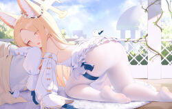 Rule 34 | 1girl, animal, animal ear fluff, animal ears, bare shoulders, bingchuan xian yu huang, bird, blonde hair, blue archive, breasts, detached sleeves, dress, fox ears, gun, halo, highres, long hair, open mouth, pantyhose, seia (blue archive), sleeves past fingers, sleeves past wrists, small breasts, solo, weapon, white bird, white dress, white pantyhose, wide sleeves, yellow eyes, yellow halo