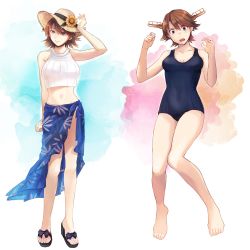 Rule 34 | 1girl, absurdres, barefoot, brown hair, collarbone, flipped hair, hagioshi, hairband, halterneck, halterneck, hat, headgear, hiei (kancolle), highres, kantai collection, looking at viewer, one-piece swimsuit, open mouth, purple eyes, sandals, school swimsuit, shawl, short hair, sun hat, swimsuit