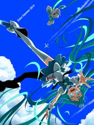 Rule 34 | 10s, 1girl, 2014, :d, aircraft, airplane, blue background, blue dress, blue eyes, blue hair, blue skirt, blue theme, boots, bow, brooch, choker, cloud, coffret (heartcatch precure!), creature, cure marine, dated, day, dress, earrings, english text, eyelashes, hair ornament, hair ribbon, hairpin, happy, heart, heart brooch, heartcatch precure!, highres, jewelry, kurumi erika, long hair, looking at viewer, magical girl, mahkn, matching hair/eyes, open mouth, precure, puffy sleeves, ribbon, shoes, skirt, sky, smile, solo, thighhighs, thighs, upside-down, wavy hair, white thighhighs, wrist cuffs, zettai ryouiki