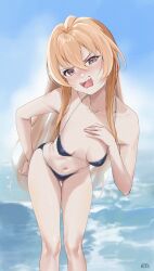 Rule 34 | 1girl, absurdres, aisaka taiga, arm behind back, bikini, blonde hair, blue bikini, breasts, brown eyes, collarbone, fang, gluteal fold, groin, hand on own chest, highres, leaning forward, long hair, looking at viewer, micro bikini, navel, ocean, open mouth, ryudraw, signature, sky, small breasts, solo, standing, string bikini, swimsuit, teeth, thigh gap, thighs, toradora!, upper teeth only, v-shaped eyebrows