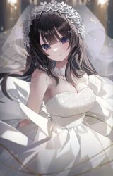 1girl absurdres bare_shoulders breasts brown_hair cleavage commentary_request dress hair_between_eyes hair_ornament hairclip highres jewelry large_breasts long_hair looking_at_viewer myowa necklace original purple_eyes smile solo strapless strapless_dress veil very_long_hair wedding_dress white_dress white_veil