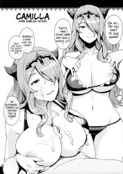 Rule 34 | 1boy, 1girl, bikini, bikini top lift, blush, breasts, camilla (fire emblem), character name, closed mouth, clothes lift, cum, cum on body, cum on breasts, cum on upper body, english text, facial, fire emblem, fire emblem fates, greyscale, hair over one eye, hands up, hetero, highres, large breasts, long hair, looking at viewer, monochrome, navel, nintendo, nipples, one eye covered, paizuri, parted lips, projectile cum, smile, source request, swimsuit, tamagoroo
