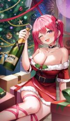 Rule 34 | 1girl, arm support, bare shoulders, blush, bottle, breasts, choker, christmas ornaments, christmas present, christmas tree, cleavage, collarbone, dress, fang, fur-trimmed dress, fur-trimmed gloves, fur trim, gift, gloves, goddess of victory: nikke, highres, holding, holding bottle, indoors, jewelry, large breasts, looking at viewer, mast (nikke), off-shoulder dress, off shoulder, one eye closed, open mouth, pink eyes, pink hair, purple eyes, red dress, red gloves, santa costume, santa dress, shuvi (shuvi1125), sitting, skin fang, skull choker, smile, solo