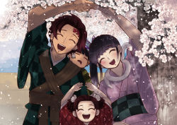 Rule 34 | 1boy, 3girls, arm up, arms up, brown hair, carrying, checkered clothes, checkered kimono, cherry blossoms, closed eyes, commentary, commentary request, earrings, family, father and daughter, green kimono, if they mated, japanese clothes, jewelry, kamado tanjirou, kimetsu no yaiba, kimono, makuralover, mother and daughter, multiple girls, open mouth, piggyback, pink kimono, purple hair, red kimono, sash, scar, scar on face, scar on forehead, short hair, siblings, side ponytail, sisters, sleeping, snake, tree, tsuyuri kanao