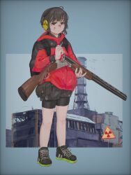 Rule 34 | 1girl, backpack, bag, belt pouch, bike shorts, black hair, black jacket, black shorts, blood, blood on face, blue background, bullet, chernobyl, closed mouth, commentary request, double-barreled shotgun, ear protection, expressionless, full body, gun, half-closed eyes, holding, holding bullet, holding gun, holding weapon, hood, hood down, hooded jacket, jacket, kuro4221, long sleeves, looking at viewer, multicolored clothes, multicolored jacket, original, pouch, radiation symbol, red eyes, red jacket, reloading, shoes, short hair, shorts, shotgun, shotgun shell, sign, sneakers, solo, standing, two-tone jacket, warning sign, weapon
