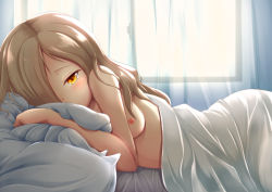 Rule 34 | 1girl, absurdres, azur lane, bed, bed sheet, blush, breasts, commentary request, curtains, hair down, hair over one eye, highres, kirimori toya, long hair, looking at viewer, lying, naked sheet, nipples, nude, on bed, on side, parted bangs, pillow, platinum blonde hair, pov across bed, sheffield (azur lane), small breasts, solo, under covers, window, yellow eyes