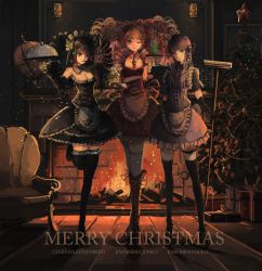 Rule 34 | 10s, 3girls, black hair, blue eyes, boots, braid, celestia ludenberg, christmas, christmas tree, danganronpa (series), danganronpa: trigger happy havoc, detached sleeves, dress, drill hair, elbow gloves, english text, enoshima junko, fire, fireplace, gloves, highres, indoors, kirigiri kyoko, long hair, looking at viewer, multiple girls, one eye closed, pink hair, purple eyes, purple hair, qianqian, red eyes, sleeves rolled up, spoilers, thighhighs, twin drills, twintails, wink