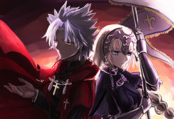 Rule 34 | 1boy, 1girl, amakusa shirou (fate), back-to-back, blue eyes, braid, chain, coat, cross, cross necklace, fate/apocrypha, fate (series), flag, gauntlets, headpiece, jeanne d&#039;arc (fate), jeanne d&#039;arc (ruler) (fate), jewelry, light smile, long hair, long sleeves, necklace, omizu (omz), red coat, single braid, spiked hair, upper body, yellow eyes