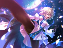 Rule 34 | 1girl, archetype earth, arcueid brunestud, black gloves, blonde hair, dress, fate/grand order, fate (series), gloves, gyoza (pi512126), highres, kicking, open mouth, pantyhose, red hair, short hair, solo, tsukihime, white dress
