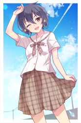 Rule 34 | 1girl, ;d, arm up, black hair, blue sky, blush, bow, brown bow, brown eyes, brown skirt, cloud, commentary request, commission, contrail, day, e20, hair between eyes, highres, looking at viewer, mizuno ai, one eye closed, open mouth, outside border, pixiv commission, plaid, plaid bow, plaid skirt, pleated skirt, power lines, sailor collar, school uniform, serafuku, shirt, skirt, sky, smile, solo, utility pole, white sailor collar, white shirt, zombie land saga