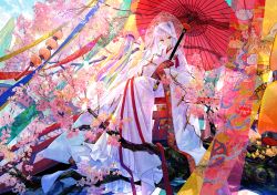 Rule 34 | 1girl, blunt bangs, branch, cherry blossoms, colorful, fuzichoco, holding, holding umbrella, japanese clothes, kimono, lantern, long hair, long sleeves, looking at viewer, oil-paper umbrella, original, paper lantern, red eyes, see-through, silver hair, sitting, solo, two side up, uchikake, umbrella, veil, white kimono, wide sleeves, yukata