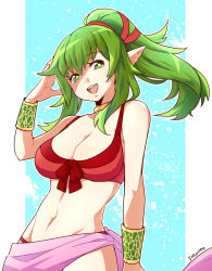 Rule 34 | breasts, cleavage, cowboy shot, fire emblem, fire emblem heroes, green eyes, green hair, hand up, highres, long hair, looking at viewer, lyn (shunao), navel, nintendo, open mouth, outline, pointy ears, ponytail, signature, smile, solo, tiki (fire emblem), white outline