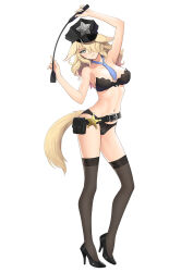 Rule 34 | 1girl, animal ears, bare arms, bare shoulders, belt, belt pouch, between breasts, black footwear, blonde hair, blue eyes, bra, breasts, closed mouth, collarbone, commentary request, dog ears, dog tail, hair over one eye, hat, high heels, highres, holding, light smile, lips, long hair, looking at viewer, medium breasts, navel, necktie, original, panties, peaked cap, pouch, sheriff badge, simple background, solo, standing, star (symbol), stomach, strapless, strapless bra, tail, thighhighs, thighs, tony taka, underwear, underwear only, white background