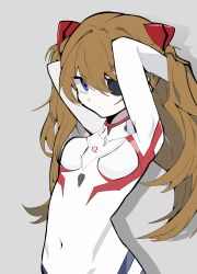 Rule 34 | 1girl, absurdres, arms up, artist request, bodysuit, breasts, brown hair, covered navel, evangelion: 3.0+1.0 thrice upon a time, expressionless, eyepatch, hand in own hair, highres, interface headset, long hair, neon genesis evangelion, pilot suit, plugsuit, rebuild of evangelion, simple background, small breasts, solo, souryuu asuka langley, very long hair, white bodysuit, wide hips