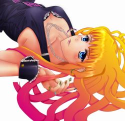 Rule 34 | 00s, bad id, bad pixiv id, blue eyes, blush, cruizer, earrings, gradient hair, jewelry, lying, macross, macross frontier, multicolored hair, necklace, sheryl nome, solo, wrist cuffs