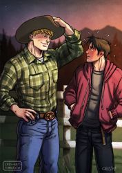Rule 34 | 2boys, alternate universe, animification, artist name, belt, black hair, black pants, black shirt, blonde hair, blue pants, blush, closed mouth, couple, cowboy hat, cris art, earrings, green shirt, hands in pockets, hat, hood, hood down, hooded jacket, hulkling, jacket, jewelry, looking at another, male focus, marvel, multiple boys, open clothes, open jacket, outdoors, pants, plaid, plaid shirt, red jacket, shirt, short hair, sideburns, smile, sunset, tumblr username, wiccan, yaoi