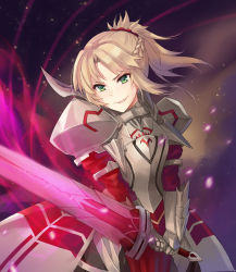 Rule 34 | &gt;:), 1girl, armor, armored dress, blonde hair, braid, clarent (fate), cowboy shot, fate/grand order, fate (series), french braid, gauntlets, green eyes, hair ornament, hair scrunchie, holding, holding sword, holding weapon, looking at viewer, mordred (fate), mordred (fate/apocrypha), parted lips, pauldrons, ponytail, scrunchie, shoulder armor, solo, sword, v-shaped eyebrows, weapon, yuemanhuaikong
