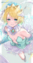 1girl absurdres bare_shoulders blonde_hair blue_dress blue_eyes breasts center_opening commentary_request detached_collar detached_sleeves dress earrings fire_emblem fire_emblem_heroes fjorm_(fire_emblem) fjorm_(ice_tribe)_(fire_emblem) haru_(nakajou-28) highres jewelry looking_at_viewer nintendo official_alternate_costume parted_lips short_hair small_breasts snowflakes twitter_username