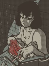 Rule 34 | 1girl, absurdres, bandages, black hair, blood, book, breasts, cleavage, freckles, highres, holding scalpel, hospital, medium breasts, medium hair, mimi (world of horror), scalpel, scissors, small breasts, stoneshipmapper, sweat, syringe, veins, world of horror