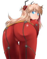 Rule 34 | 1girl, ass, ass focus, bent over, blonde hair, bodysuit, cowboy shot, crotch, expressionless, female focus, foreshortening, from behind, hair ornament, hairpods, highres, interface headset, kikumaru bunta, long hair, looking at viewer, looking back, neon genesis evangelion, parted bangs, pilot suit, platinum blonde hair, plugsuit, rebuild of evangelion, simple background, solo, souryuu asuka langley, test plugsuit, thigh gap, thighs, turtleneck, two side up, white background