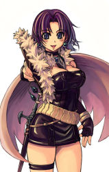 Rule 34 | 1girl, alchemist, amulet, beads, blue eyes, bracelet, breasts, cleavage, dress, earrings, female focus, jewelry, large breasts, leather, mil (xration), necklace, purple hair, ragnarok online, scabbard, sheath, short hair, simple background, smile, solo, sword, talisman, weapon