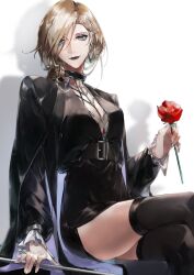 Rule 34 | 1girl, belt, black belt, black dress, black jacket, black thighhighs, blonde hair, blue eyes, breasts, cleavage, closed mouth, crossed legs, dress, earrings, fingernails, flower, highres, holding, holding flower, jacket, jewelry, langley (path to nowhere), long sleeves, looking at viewer, medium breasts, medium hair, mimoza04040, path to nowhere, red flower, red rose, rose, shadow, simple background, smile, solo, thighhighs, white background