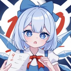 Rule 34 | 1girl, 1other, :o, ahoge, blue bow, blue dress, blue eyes, blue hair, bow, bowtie, bright pupils, chunjiu, cirno, clenched hands, collared shirt, colored eyelashes, diamond-shaped pupils, diamond (shape), dress, hair between eyes, hair bow, hands up, head tilt, highres, holding, holding paper, ice, ice wings, light blush, looking at viewer, medium hair, open mouth, paper, pov, pov hands, puffy short sleeves, puffy sleeves, red bow, red bowtie, shirt, short sleeves, sidelocks, simple background, symbol-shaped pupils, touhou, white pupils, white shirt, wings