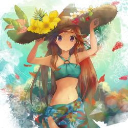 Rule 34 | 1girl, abstract background, arms up, bad id, bad pixiv id, bandeau, bikini, brown hair, cowboy shot, day, floral print, flower, flower request, halterneck, hand on headwear, hat, hat flower, highres, long hair, looking at viewer, md5 mismatch, narrow waist, navel, o-ring, o-ring top, original, outdoors, purple eyes, sakisato kiriko, sarong, sketch, smile, solo, straw hat, sun hat, swimsuit, very long hair