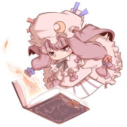 Rule 34 | 1girl, book, bow, chibi, crescent, crescent moon, female focus, fire, full body, hair ribbon, hat, highres, md5 mismatch, moon, patchouli knowledge, ribbon, satsuki mei (sakuramochi), solo, touhou, transparent background