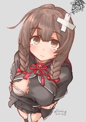Rule 34 | 1girl, bandaid, bandaid on head, black skirt, blush, bra, braid, breasts, brown eyes, brown hair, capelet, closed mouth, commentary request, crossed bandaids, dated, from above, grey background, hair ribbon, izumikuma, kantai collection, long hair, looking at viewer, medium breasts, pleated skirt, red ribbon, ribbon, shinshuu maru (kancolle), simple background, skirt, solo, squiggle, tears, torn clothes, twin braids, twitter username, underwear, white bra