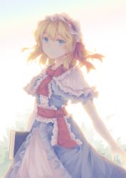 Rule 34 | 1girl, alice margatroid, arms at sides, backlighting, blonde hair, blue dress, blue eyes, book, capelet, commentary, cowboy shot, dress, frilled dress, frills, gradient background, hair between eyes, hairband, highres, holding, holding book, layered dress, leaf, leaf background, light frown, lolita hairband, mechrailgun, neck ribbon, red ribbon, ribbon, sash, short hair, short sleeves, solo, standing, touhou, white capelet