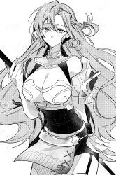 Rule 34 | 1girl, absurdres, braid, breasts, chloe (fire emblem), cleavage, fire emblem, fire emblem engage, garter straps, highres, holding, holding polearm, holding weapon, illust mi, large breasts, long hair, looking at viewer, nintendo, polearm, single braid, smile, solo, wavy hair, weapon