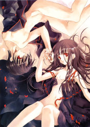 Rule 34 | 1boy, 1girl, blunt bangs, brown hair, dress, flat chest, hetero, highres, holding hands, knees together feet apart, long hair, looking at viewer, lying, naked shirt, navel, nipples, nude, open clothes, open dress, open shirt, original, parted lips, petals, red eyes, ribbon, rotational symmetry, shirt, short hair, sumi keiichi, upside-down, very long hair