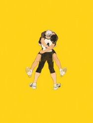 Rule 34 | 2boys, akaashi keiji, black hair, black shorts, bokuto koutarou, chengongzi123, chinese commentary, commentary request, facing away, grey hair, haikyuu!!, highres, lifting person, male focus, multiple boys, shoes, short hair, short sleeves, shorts, simple background, sneakers, sportswear, very short hair, volleyball uniform, white footwear, wide shot, yaoi, yellow background