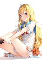 Rule 34 | 1girl, :o, ahoge, ass, black legwear, blonde hair, blue eyes, blue sailor collar, blush, commentary request, dressing, flat chest, gabriel dropout, gabriel tenma white, highres, knees up, long hair, looking at viewer, no panties, no pants, parted lips, red neckwear, sailor collar, school uniform, serafuku, shadow, shiero., shirt, short sleeves, sidelocks, simple background, solo, thighs, very long hair, white background, white shirt