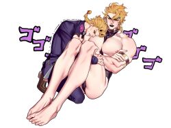 Rule 34 | 2boys, absurdres, age difference, alternate costume, armlet, ass, birthmark, black lips, blonde hair, blue eyes, blue jacket, blue pants, braid, carrying, clenched teeth, commentary, crossed arms, dio brando, earrings, father and son, feet, giorno giovanna, highres, huang lia, jacket, jewelry, joestar birthmark, jojo no kimyou na bouken, large pectorals, long hair, long sleeves, looking at another, male focus, menacing (jojo), multiple boys, muscular, muscular male, nipples, pants, pectorals, princess carry, revealing clothes, size difference, squatting, sweatdrop, symbol-only commentary, teeth, toes, trembling, vento aureo, yellow eyes