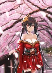 Rule 34 | 1girl, ahoge, azur lane, bare shoulders, black hair, black thighhighs, breasts, cherry blossoms, cleavage, closed mouth, collarbone, cowboy shot, fingernails, hair between eyes, hair ribbon, highres, japanese clothes, kimono, large breasts, long hair, long sleeves, looking at viewer, mask, mask on head, obi, off shoulder, outdoors, petals, porontyo 07, red eyes, red kimono, ribbon, sash, smile, solo, striped ribbon, taihou (azur lane), thighhighs, tree, twintails, very long hair, wide sleeves, zettai ryouiki