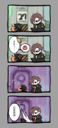 Rule 34 | 1boy, 4koma, ^^^, black eyes, black jacket, blood, brown hair, closed mouth, colored skin, comic, commentary request, employee (project moon), fire, fur-trimmed jacket, fur trim, hair over one eye, harvest fes, highres, jacket, lobotomy corporation, open clothes, open jacket, project moon, red shirt, scorched girl, shirt, short hair, sweat, translation request, white skin