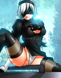Rule 34 | 1girl, android, artist name, black hairband, blindfold, breasts, cleavage cutout, clothing aside, clothing cutout, feather-trimmed sleeves, female masturbation, hairband, hip focus, leotard, leotard aside, masturbation, mole, mole under mouth, nier (series), nier:automata, pussy, pussy juice, short hair, solo, thighhighs, thighs, thong leotard, uncensored, 2b (nier:automata)