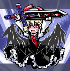 Rule 34 | 1girl, :d, black wings, blonde hair, dress, ex-rumia, fang, frilled dress, frills, halo, kugelschreiber, open mouth, red eyes, rumia, shirt, short hair, smile, solo, sword, touhou, weapon, wings