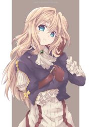 Rule 34 | 1girl, arms up, artist name, blonde hair, blue eyes, blue jacket, breasts, brooch, dress, english text, gloves, hair between eyes, highres, holding, holding own hair, jacket, jewelry, long hair, long sleeves, looking at viewer, open mouth, puffy long sleeves, puffy sleeves, simple background, solo, standing, takkikun, teeth, violet evergarden, violet evergarden (series), white neckwear