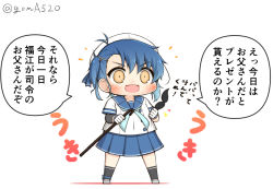 Rule 34 | 1girl, arm warmers, black socks, blue hair, blue neckerchief, blue ribbon, blue sailor collar, blue skirt, brown eyes, cane, chibi, commentary request, fake facial hair, fake mustache, fukae (kancolle), full body, gloves, goma (yoku yatta hou jane), gradient hair, hat, holding, kantai collection, kneehighs, multicolored hair, neckerchief, open mouth, pleated skirt, ribbon, sailor collar, sailor hat, school uniform, serafuku, short hair, short sleeves, side ponytail, sidelocks, simple background, single arm warmer, skirt, socks, solo, standing, translation request, twitter username, wavy mouth, white background, white gloves, white hat