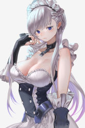 Rule 34 | 1girl, absurdres, apron, arm at side, azur lane, belfast (azur lane), black gloves, breasts, chain, cleavage, closed mouth, collar, colored eyelashes, commentary request, fingerless gloves, frill trim, frills, gloves, grey background, hand to own mouth, highres, hinako (anzu15), large breasts, long hair, looking at viewer, maid headdress, purple eyes, silver hair, simple background, solo, swept bangs, underbust, vambraces, waist apron