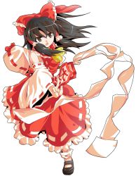 Rule 34 | 1girl, alphes (style), ascot, between fingers, black eyes, black hair, bow, dairi, dress, full body, gohei, hair bow, hair tubes, hakurei reimu, holding, long sleeves, open mouth, parody, red dress, solo, spell card, style parody, touhou, transparent background, wide sleeves